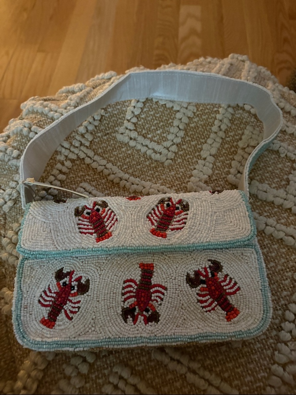 Hand-Beaded Lobster Crossbody Bag in White and Red
